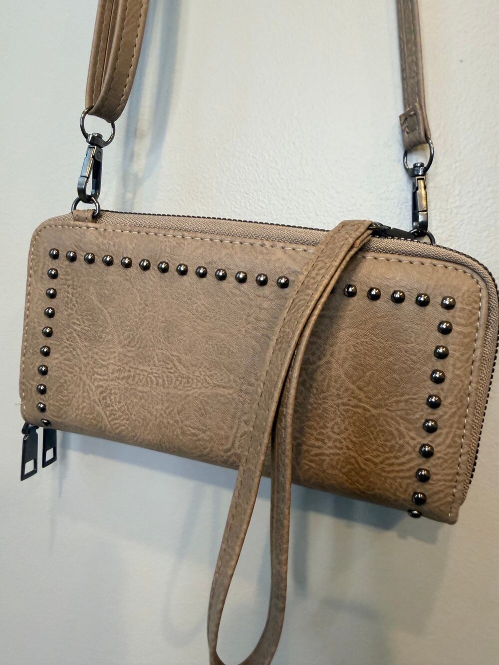 Taupe Faux Leather Studded Crossbody Wallet Purse Wristlet Detachable Strap
